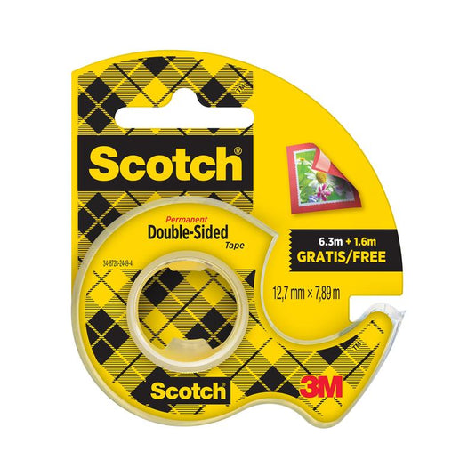 Balenie obojstrannej lepiacej pásky Scotch® od 3M Deutschland GmbH (12,7 mm x 7,89 m) s 25% extra zadarmo a žltým ručným dávkovačom, vhodné na použitie na papier. Obsahuje 1 rolku.