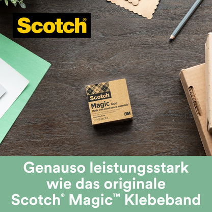 Eine Packung Scotch® Magic™ Klebeband (14 Rollen, 19 mm x 33 m) mit 66% pflanzlichem Klebstoff von 3M Deutschland GmbH liegt bei Schreibwaren. Ein grünes Banner darunter wirbt für seine Stärke und hebt den pflanzlichen Klebstoff hervor. Gratis Abroller C38 inkl..