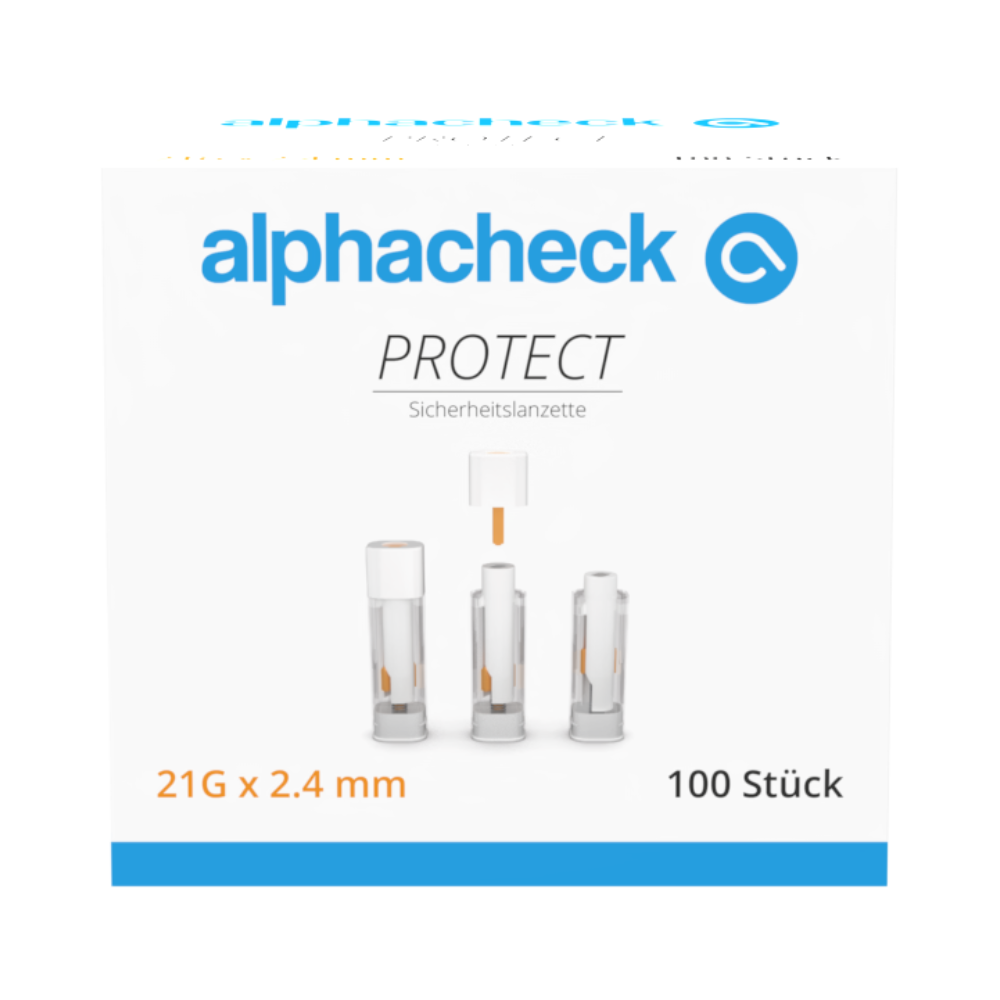 Škatuľka so 100 Alphacheck PROTECT bezpečnostnými lancetami, 21G x 2,4 mm, od Berger Med GmbH. Predná strana zobrazuje názov produktu, logo a obrázky lancety v troch stupňoch a tým zdôrazňuje bezbolestný odber krvi.
