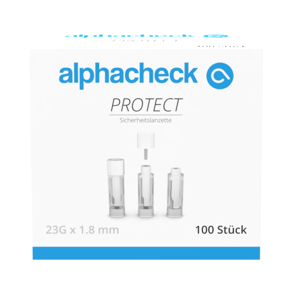 Biela škatuľka s modrými a sivými akcentmi nesie nápis „alphacheck PROTECT“ od Berger Med GmbH a zobrazuje Alphacheck PROTECT bezpečnostné lancety pre bezbolestný odber krvi s nápisom „23G x 1,8 mm“ a „100 kusov“ na prednej strane.