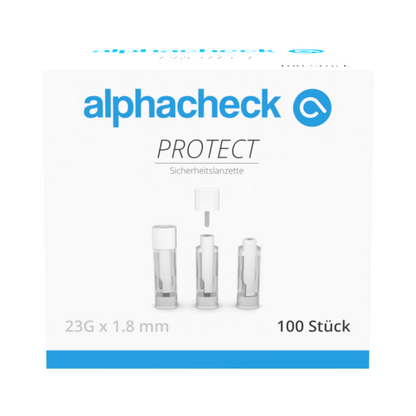 Biela škatuľka s modrými a sivými akcentmi nesie nápis „alphacheck PROTECT“ od Berger Med GmbH a zobrazuje Alphacheck PROTECT bezpečnostné lancety pre bezbolestný odber krvi s nápisom „23G x 1,8 mm“ a „100 kusov“ na prednej strane.