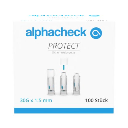 Škatuľka Alphacheck PROTECT bezpečnostných lancet (30G x 1,5 mm, 100 kusov) od Berger Med GmbH pre bezbolestný odber krvi; tri lancety s ochrannými krytmi a alphacheck-logom na bielom pozadí.