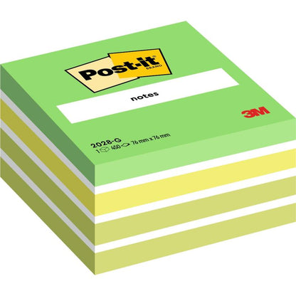 Stoh zelených a žltých kociek Post-it® Notes (76 mm x 76 mm, 450 listov/blok, 100% PEFC) od 3M Deutschland GmbH, s logom Post-it a produktovými informáciami na obale.