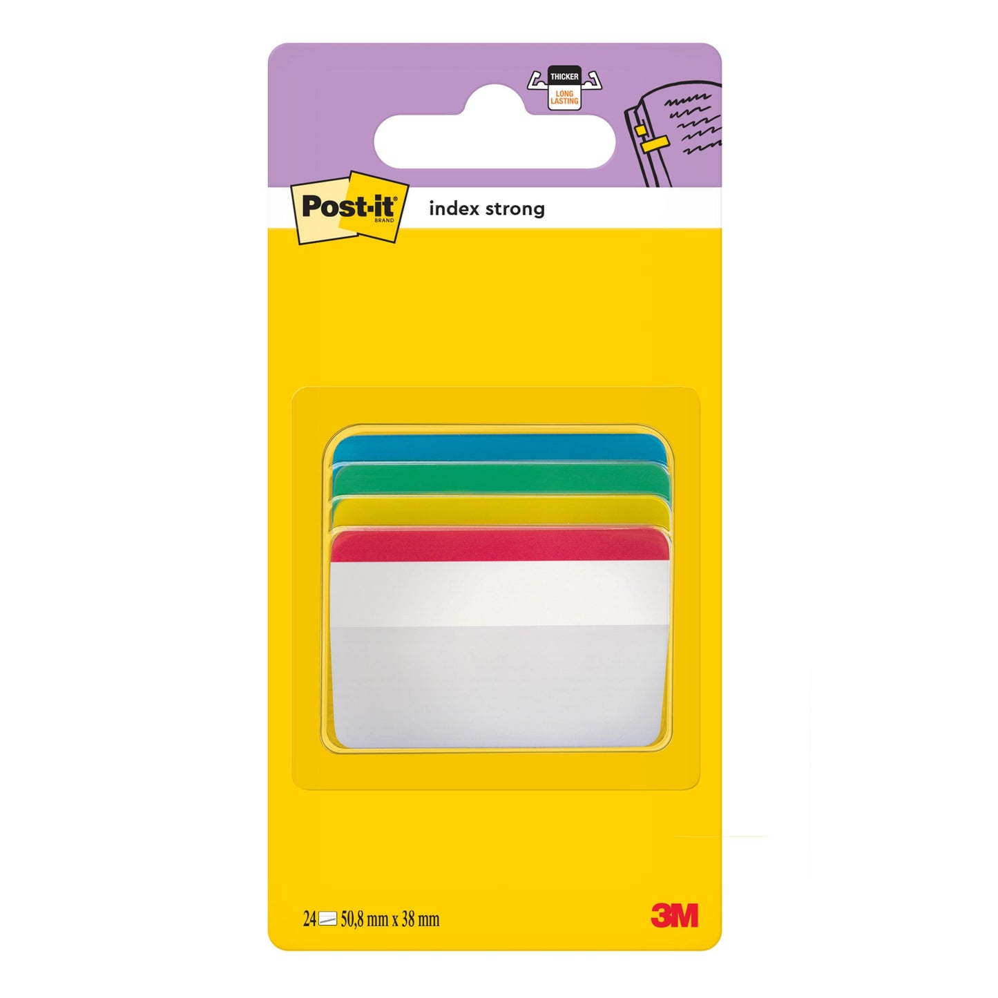 Die Post-it® Index Strong Ablagetabs der 3M Deutschland GmbH enthalten pro Spender 24 gebogene Ablagetabs in den Farben Rot, Gelb, Blau und Grün (50,8 x 38,1 mm), die sich perfekt für die Organisation eignen; die Verpackung zeigt das 3M Logo und die Abmessungen.