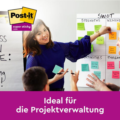 Žena gestikuluje na SWOT analýznej tabuli, ktorá je naplnená farebnými Post-it® Super Sticky Notes (76 mm x 76 mm, 90 listov/blok, 100% PEFC) od 3M Deutschland GmbH. Dve osoby sedia v blízkosti. Text: "Ideálne pre riadenie projektov".