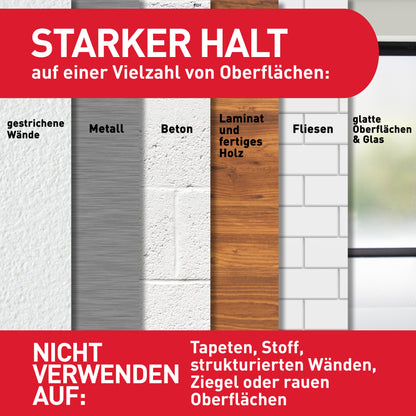 Eine Tabelle zeigt, wo Command™ Small Designer-Haken, 17082 von 3M Deutschland GmbH haftet: gestrichene Wände, Metall, Holz, Glas, Laminat und Fliesen. Nicht geeignet für Tapeten, Stoff, strukturierte Wände, Ziegel oder raue Oberflächen. Für rückstandsfreies Aufhängen.