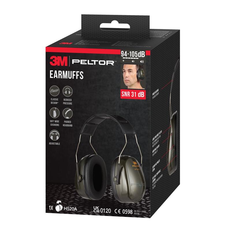 Krabica 3M™ PELTOR™ Optime™ II chrániče sluchu H520A (1 kus, zelené) od 3M Deutschland GmbH sa vyznačuje hodnotou SNR 31 dB, nastaviteľným prispôsobením a mäkkým polstrovaním pre pohodlie.