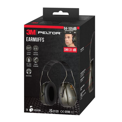 Krabica 3M™ PELTOR™ Optime™ II chrániče sluchu H520A (1 kus, zelené) od 3M Deutschland GmbH sa vyznačuje hodnotou SNR 31 dB, nastaviteľným prispôsobením a mäkkým polstrovaním pre pohodlie.