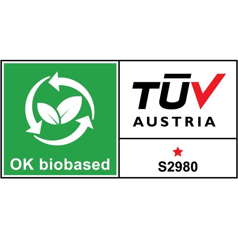 Scotch® Magic™ Neviditeľná lepiaca páska od 3M Deutschland GmbH je označená nálepkou "OK biobased" so zelenými listami a šípkami a bielou oblasťou s "TÜV AUSTRIA", "S2980" a červenou hviezdou.