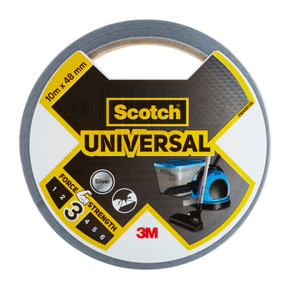 Eine Rolle Scotch® Universal Klebeband 2904 von 3M Deutschland GmbH mit den Maßen 10 m x 48 mm und der Festigkeitsklasse 3/6. Die Verpackung zeigt das Produktbranding und eine Staubsaugerabbildung.