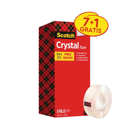 Zobrazená je škatuľa 3M Deutschland GmbH Scotch® Crystal lepiacej pásky, priehľadná, výhodné balenie s 8 rolkami (19 mm x 33 m), v červenom škótskom vzore a s "7+1 Gratis". Na prednej strane obalu je zobrazená priehľadná rolka.