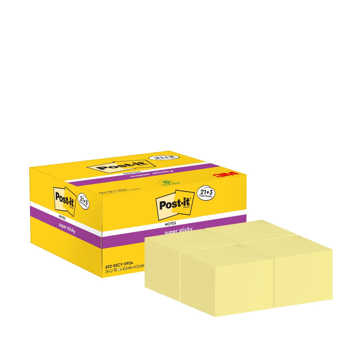 Žltá škatuľka Post-it® Super Sticky Notes, Žltá, 47,6 x 47,6 mm od 3M Deutschland GmbH, obsahuje 21 blokov plus 3 bloky zdarma, každý s 90 listami. Vyrobené zo 100 % PEFC-certifikovaného papiera pre extra lepiacu silu (SGSCH-PEFC-COC-110078).