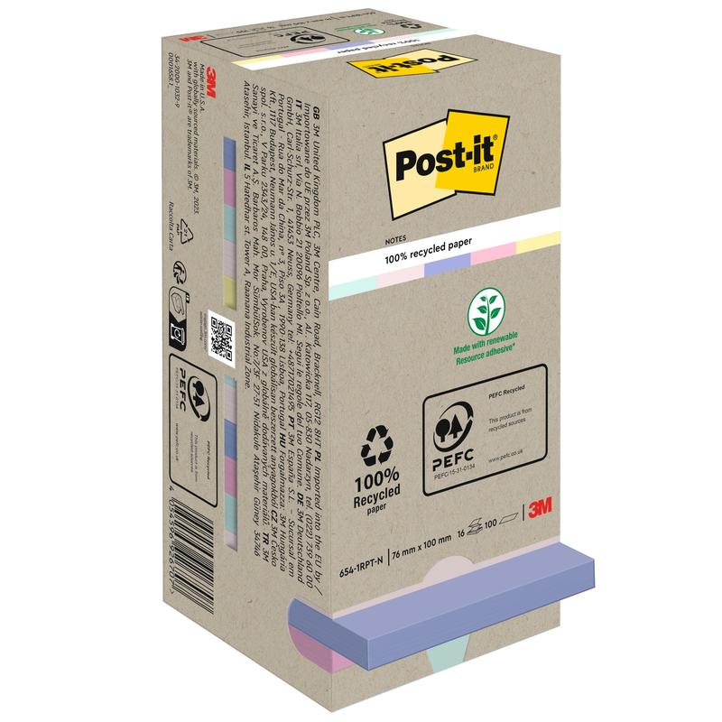 Balenie 3M Post-it® Recycling Notes (76 x 76 mm, 100 listov, 100% PEFC) stojí vzpriamene v ekologickom hnedom balení s pastelovými okrajmi a čierno-žltým logom Post-it.
