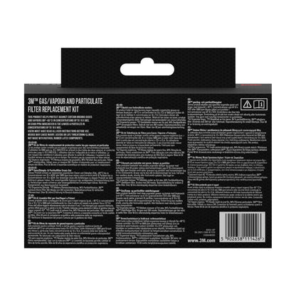 Rückansicht eines 3M™ Filtersatzes 6002-1, A2P2 organische Dämpfe (2x6055, 2x5925, 2x501) | Packung (1 Stück) von 3M Deutschland GmbH, mit Produktdetails, Anweisungen und Warnhinweisen zu organischen Dämpfen in mehreren Sprachen.