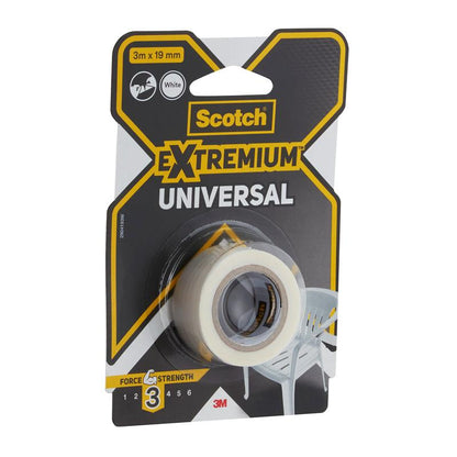 Balenie univerzálnej lepiacej pásky Scotch® Extremium™ od 3M Deutschland GmbH, 3 m x 19 mm, s viditeľnou bielou páskou. Čierno-žlto-sivé balenie zobrazuje bielu plastovú stoličku.