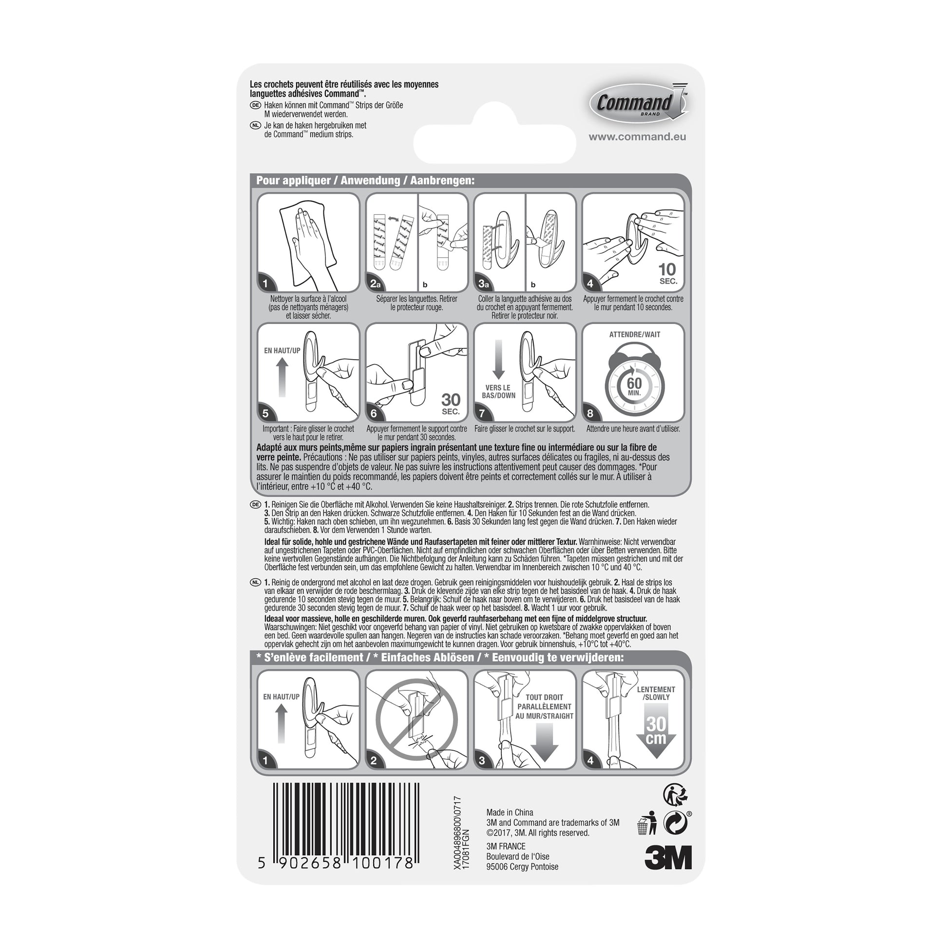 Die Rückseite der Command™ Medium Designer-Haken, 17081-FGN (1 Stück) Packung von 3M Deutschland GmbH enthält eine mehrsprachige Anleitung mit Diagrammen zur Anwendung und Entfernung, Sicherheitshinweisen, Symbolen, Barcode und 3M Branding.