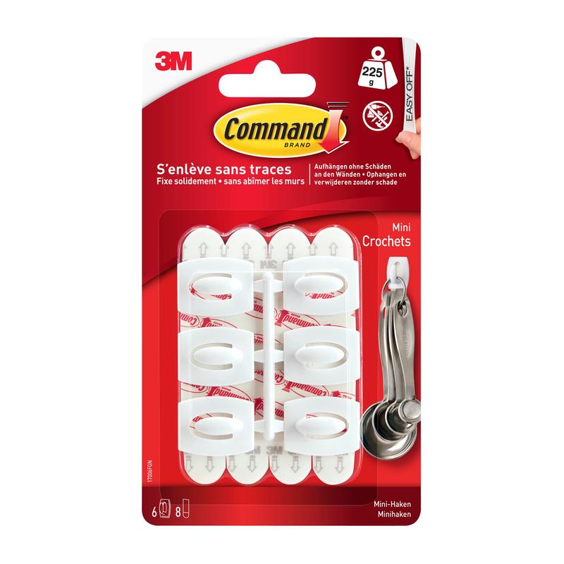 Command™ Mini-hák, 17006 od 3M Deutschland GmbH obsahuje šesť bielych háčikov s lepiacimi pásikmi na bezškodové, bezvŕtavé zavesenie. Bez zvyškov odstrániteľné; dodávané v červeno-bielom balení.