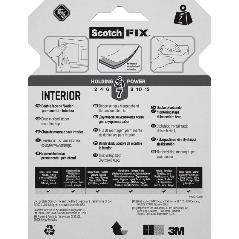 Balenie Scotch-FIX™ Dvojstranná interiérová montážna páska od 3M Deutschland GmbH zobrazuje viacjazyčný text, obrázky použitia a symboly, ktoré ukazujú, že páska unesie až 7 kg.