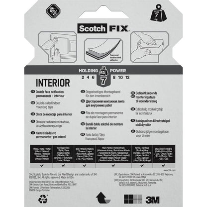 Balenie Scotch-FIX™ Dvojstranná interiérová montážna páska od 3M Deutschland GmbH zobrazuje viacjazyčný text, obrázky použitia a symboly, ktoré ukazujú, že páska unesie až 7 kg.