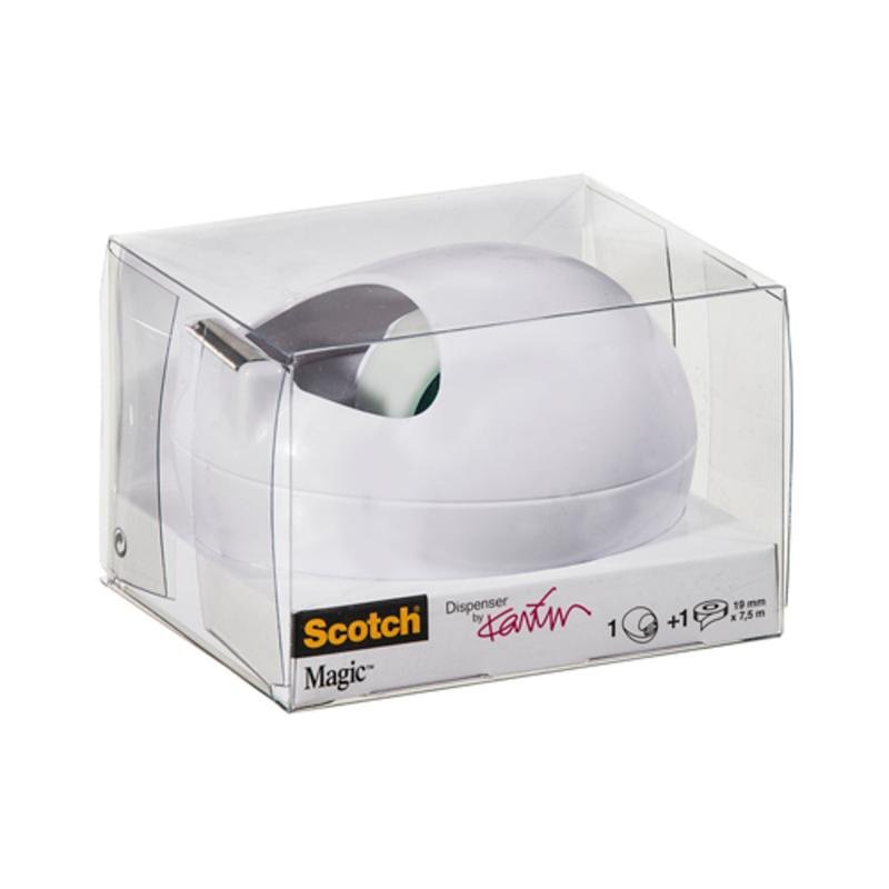 Stolový držiak pásky Scotch™ Karim Rashid od 3M Deutschland GmbH sa nachádza v priehľadnom plastovom obale s bielym dávkovačom a etiketou na prednej strane, na ktorej sú značkové a produktové detaily čiernym a žltým písmom.