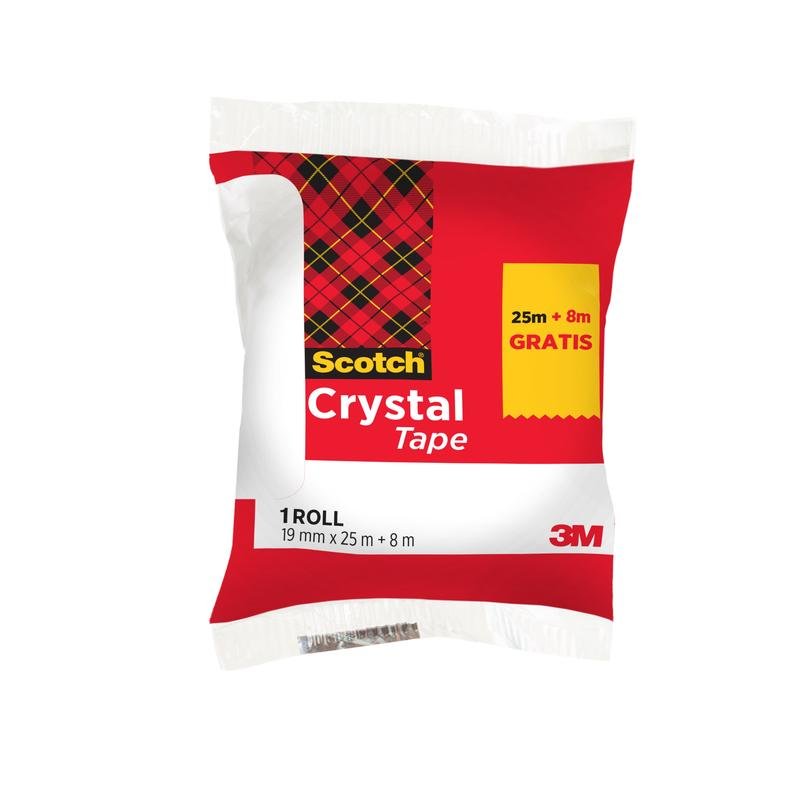 Scotch® Crystal lepiaca páska od 3M Deutschland GmbH, 19 mm x 25 m, 1 rolka s extra 8 m ZADARMO - transparentná lepiaca páska v červeno-bielom dizajne.