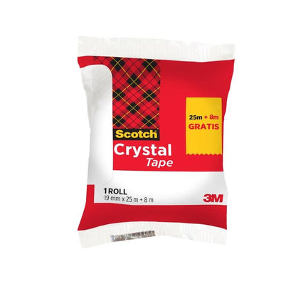 Scotch® Crystal lepiaca páska od 3M Deutschland GmbH, 19 mm x 25 m, 1 rolka s extra 8 m ZADARMO - transparentná lepiaca páska v červeno-bielom dizajne.