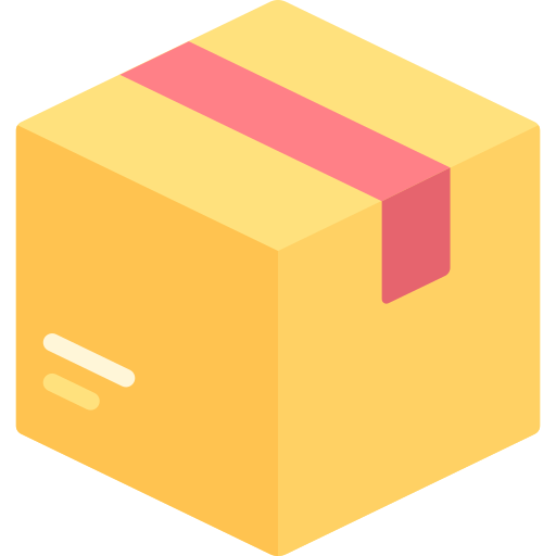 Eine illustrierte gelbe Pappschachtel mit einem roten Klebebandverschluss oben. Die Schachtel hat auf einer Seite zwei weiße Linien, die auf Beschriftungen oder Markierungen hindeuten.