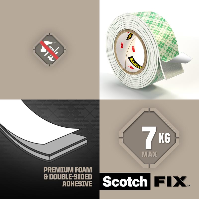 Obrázok Scotch-FIX™ Dvojstranná interiérová montážna páska od 3M Deutschland GmbH, ktorý zobrazuje rolku lepiacej pásky, symbol No-Nails, penovú a lepiacu vrstvu, "7 KG MAX" a "Premium Foam & Double-Sided Adhesive" na rozdelenom pozadí.