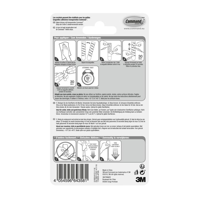 Na zadnej strane Command™ kovového háčika veľkosť S, zlatá farba, 17032BR-4ES (4 háčiky, 5 pásikov) od 3M Deutschland GmbH sa nachádza obrázkový návod, viacjazyčný text, varovania, čiarový kód a informácie o firme na pripevnenie/odstránenie háčikov.