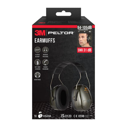 Zobrazené je balenie 3M™ PELTOR™ Optime™ II chrániče sluchu H520A od 3M Deutschland GmbH s produktovým obrázkom, údajmi o modeli a hodnotou SNR 31 dB v zelenej farbe. Priložená fotografia ukazuje osobu, ktorá nosí chrániče sluchu.