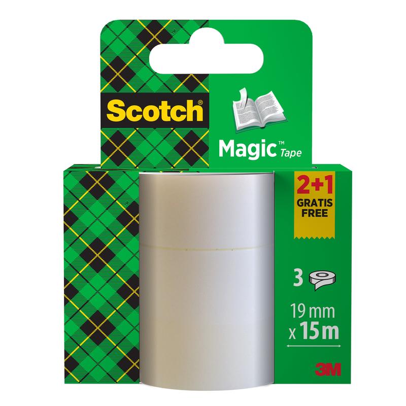Scotch® Magic™ Neviditeľná lepiaca páska Akciové balenie (3M Deutschland GmbH) obsahuje 2 kotúče + 1 ZDARMA kotúč po 19 mm x 15 m - ideálne pre kreatívne projekty alebo kanceláriu, so zeleno-žltým balením a poznámkou "2+1 zdarma".