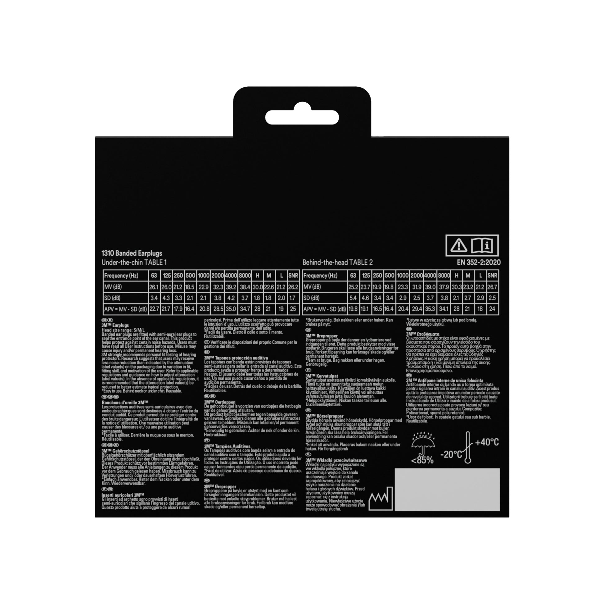 Auf der Rückseite der 3M™ Bügelgehörschutz 1310 + 2 Paar Ersatzstöpsel (SNR 24-25 dB, Orange) Packung der 3M Deutschland GmbH befinden sich Angaben und Anleitungen in mehreren Sprachen, mit weißer Schrift auf schwarzem Grund und einer Aufhängelasche am oberen Rand.