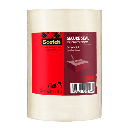 Ein 3er-Pack Scotch® Verpackungsklebeband für einen sicheren Verschluss (50 mm x 66 m) von 3M Deutschland GmbH, mit roter und schwarzer Verpackung mit Produktinformation, Barcode und einem Bild vom Verkleben einer Schachtel.