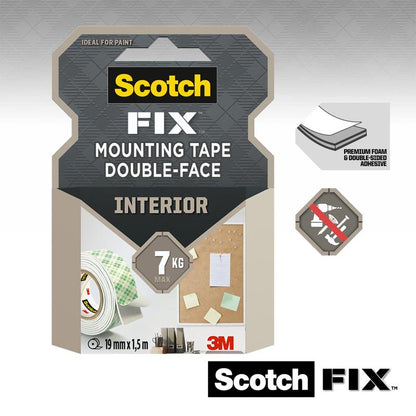 Balenie Scotch-FIX™ Dvojstranná interiérová montážna páska od 3M Deutschland GmbH pre vnútorné použitie, veľkosť 19 mm x 1,5 m, unesie až 7 kg. Zobrazuje obrázky pásky, príklady použitia, vlastnosti a obsahuje logá Scotch a 3M.