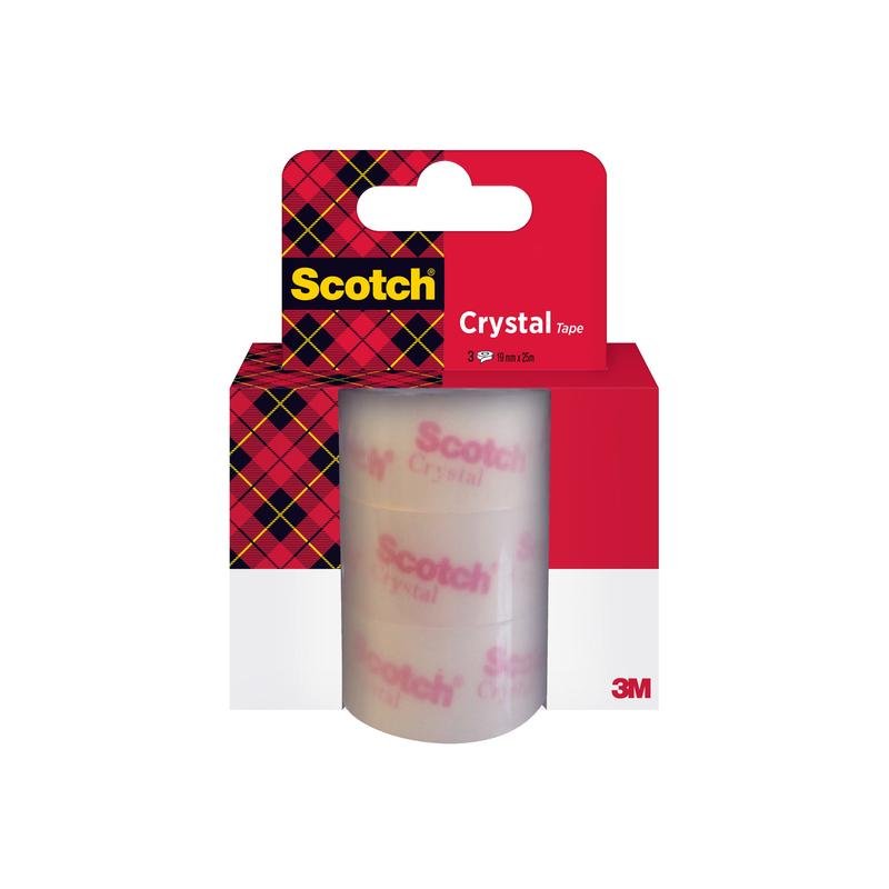 Balíček troch roliek lepiacej pásky Scotch® Crystal 6-1925R3 (19 mm x 25 m) od spoločnosti 3M Deutschland GmbH, v červeno-čiernej kockovanej krabici s logom Scotch a informáciami o produkte.