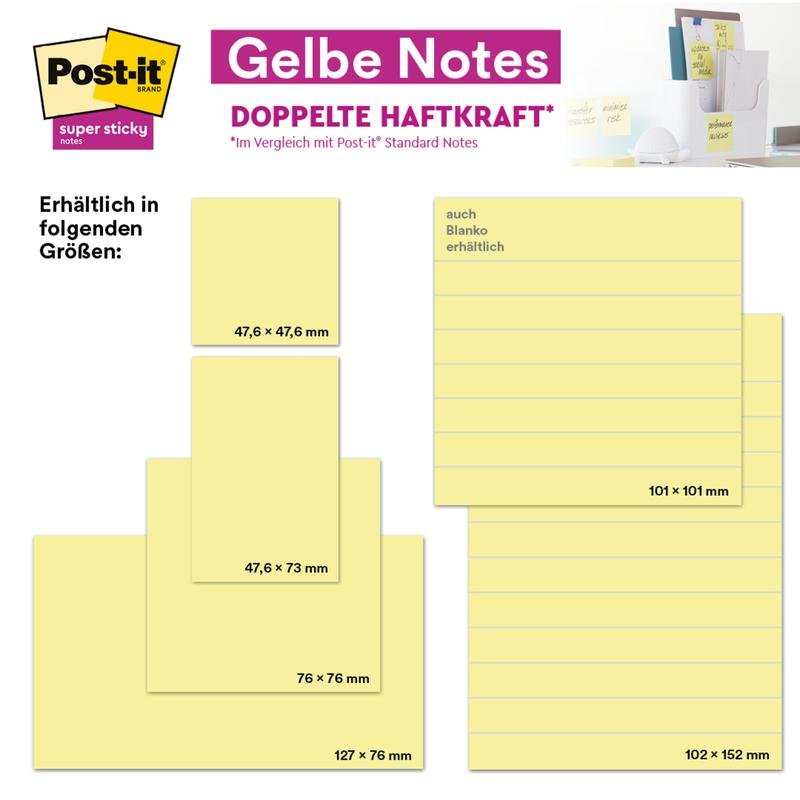 Obrázok zobrazuje poznámky Post-it® Notes, žltá od 3M Deutschland GmbH (38 mm x 51 mm, 100 listov/blok, 12 blokov/balenie, kartónové balenie, 100% PEFC), označené v nemeckom jazyku a zobrazené samostatne aj v použití.