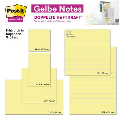Obrázok zobrazuje poznámky Post-it® Notes, žltá od 3M Deutschland GmbH (38 mm x 51 mm, 100 listov/blok, 12 blokov/balenie, kartónové balenie, 100% PEFC), označené v nemeckom jazyku a zobrazené samostatne aj v použití.