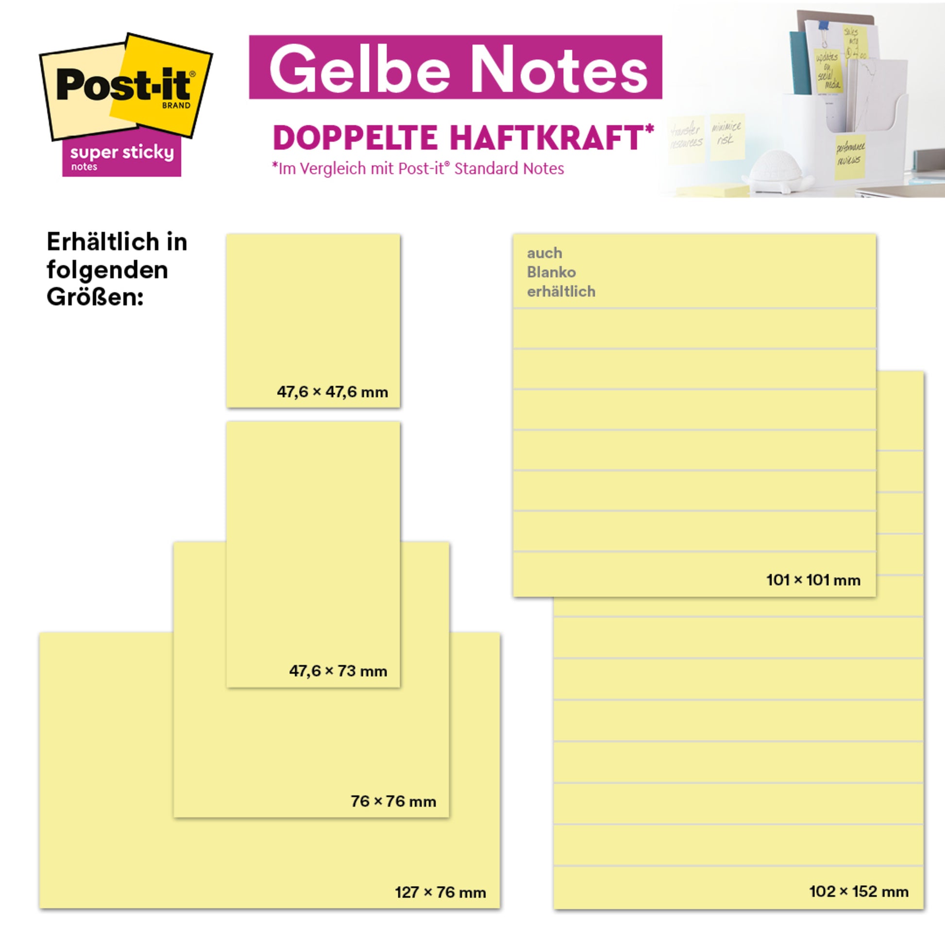 Eine Infografik für Post-it® Notes der 3M Deutschland GmbH zeigt gelbe 76 x 76 mm Zettel mit 100 Blatt/Block (14 Blöcke/Packung) und Super Sticky Notes (90 Blatt/Block, 4 Blöcke gratis), beide PEFC-zertifiziert. Rechts oben sind sie auf einem Schreibtisch abgebildet.