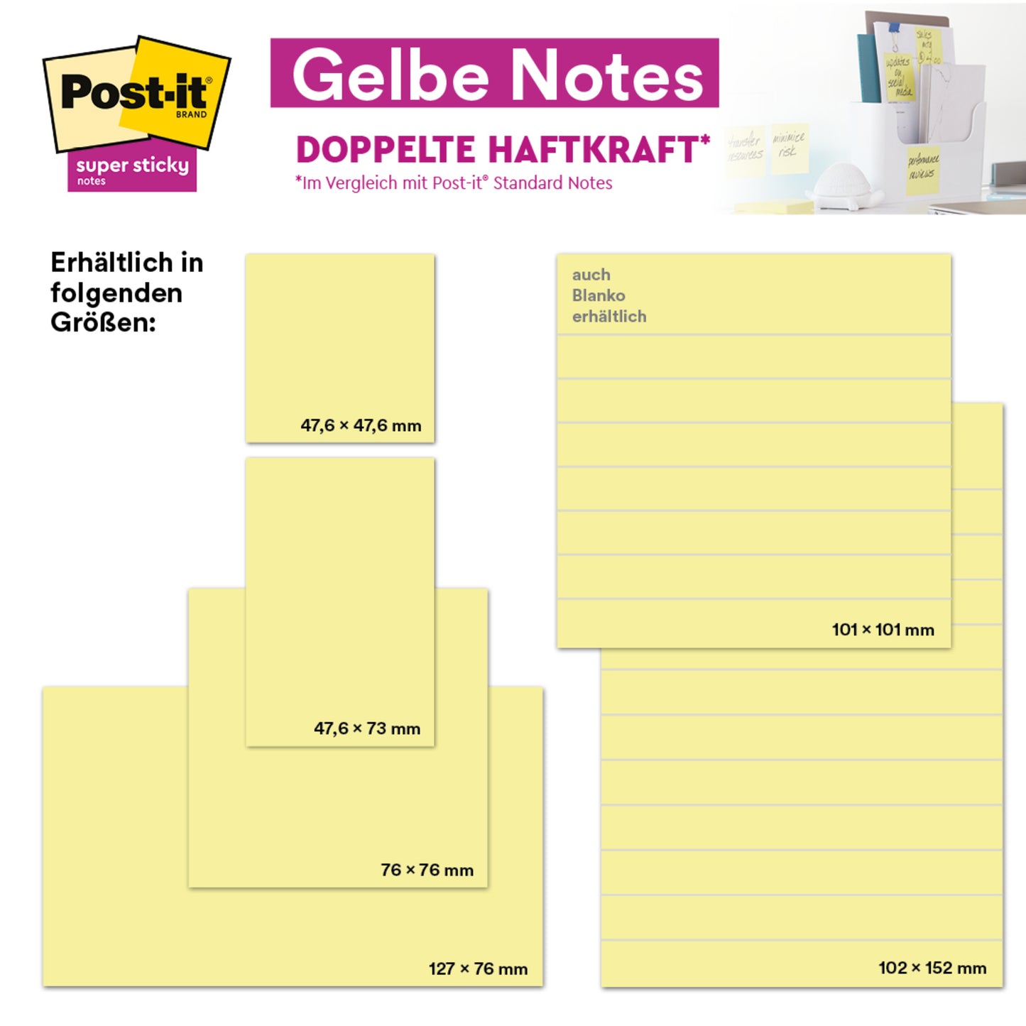 Werbebild für 3M Deutschland GmbH Post-it® Notes in Gelb (76 mm x 127 mm, 100 Blatt/Block, 12 Blöcke/Karton, PEFC-zertifiziert), mit Produkt- und Verpackungsfotos.
