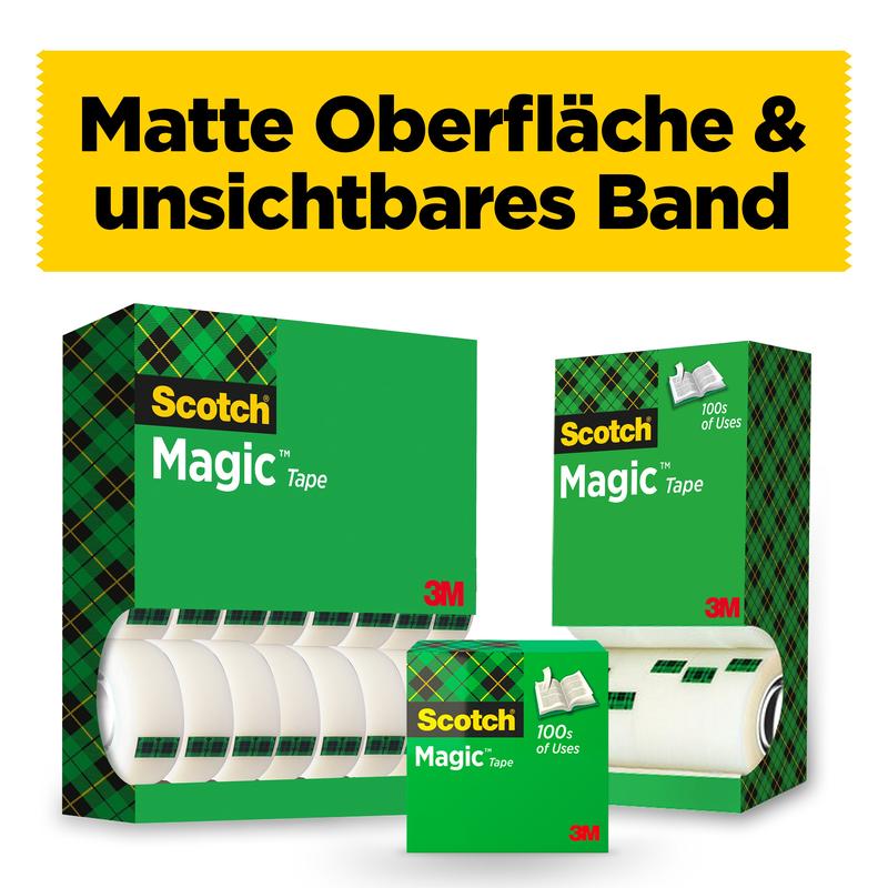 Tri krabice Scotch® Magic™ Neviditeľná lepiaca páska od 3M Deutschland GmbH sú zobrazené v rôznych veľkostiach s viditeľnými rolkami. Hore je žltý banner s nápisom "Matný povrch & neviditeľná páska" a na každej škatuľke je logo 3M.