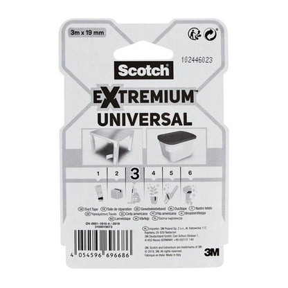 Na balení lepiacej pásky Scotch® Extremium™ Universal, 3 m x 19 mm od 3M Deutschland GmbH sú zobrazené názov produktu, obrázky použitia, viacjazyčný návod a logo 3M vpravo dole.