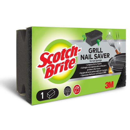 Obdĺžniková škatuľa Scotch-Brite® Grill Griffschwamm od 3M Deutschland GmbH, v farbách zelená, žltá a čierna, zobrazuje produktové obrázky a text, ktorý uvádza, že je ideálny na čistenie grilov a BBQ náradia; 1 kus na balenie.
