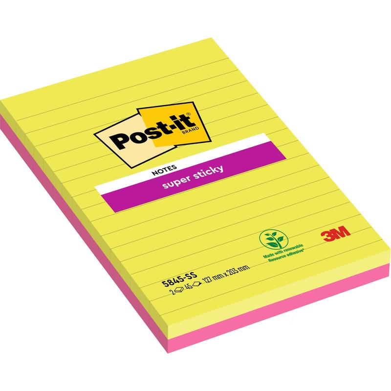 Balíček s dvoma veľkými blokmi Post-it® Super Sticky Notes od 3M Deutschland GmbH, linajkovaný v ružovej a zelenej farbe (127 mm x 203 mm, po 45 listov), vyrobený s rastlinným lepidlom a 100% PEFC certifikovaný (SGSCH-PEFC-COC-110078).
