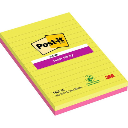 Balíček s dvoma veľkými blokmi Post-it® Super Sticky Notes od 3M Deutschland GmbH, linajkovaný v ružovej a zelenej farbe (127 mm x 203 mm, po 45 listov), vyrobený s rastlinným lepidlom a 100% PEFC certifikovaný (SGSCH-PEFC-COC-110078).