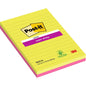 Balíček s dvoma veľkými blokmi Post-it® Super Sticky Notes od 3M Deutschland GmbH, linajkovaný v ružovej a zelenej farbe (127 mm x 203 mm, po 45 listov), vyrobený s rastlinným lepidlom a 100% PEFC certifikovaný (SGSCH-PEFC-COC-110078).