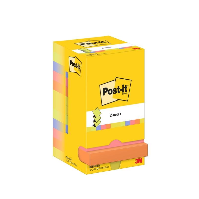 Žltá škatuľka Post-it® Super Sticky Z-Notes od 3M Deutschland GmbH, formát 76x127 mm, 100 listov na blok, kartónové balenie (100% PEFC), s farebnými lepiacimi poznámkami a oranžovou pop-up poznámkou na prednej strane.