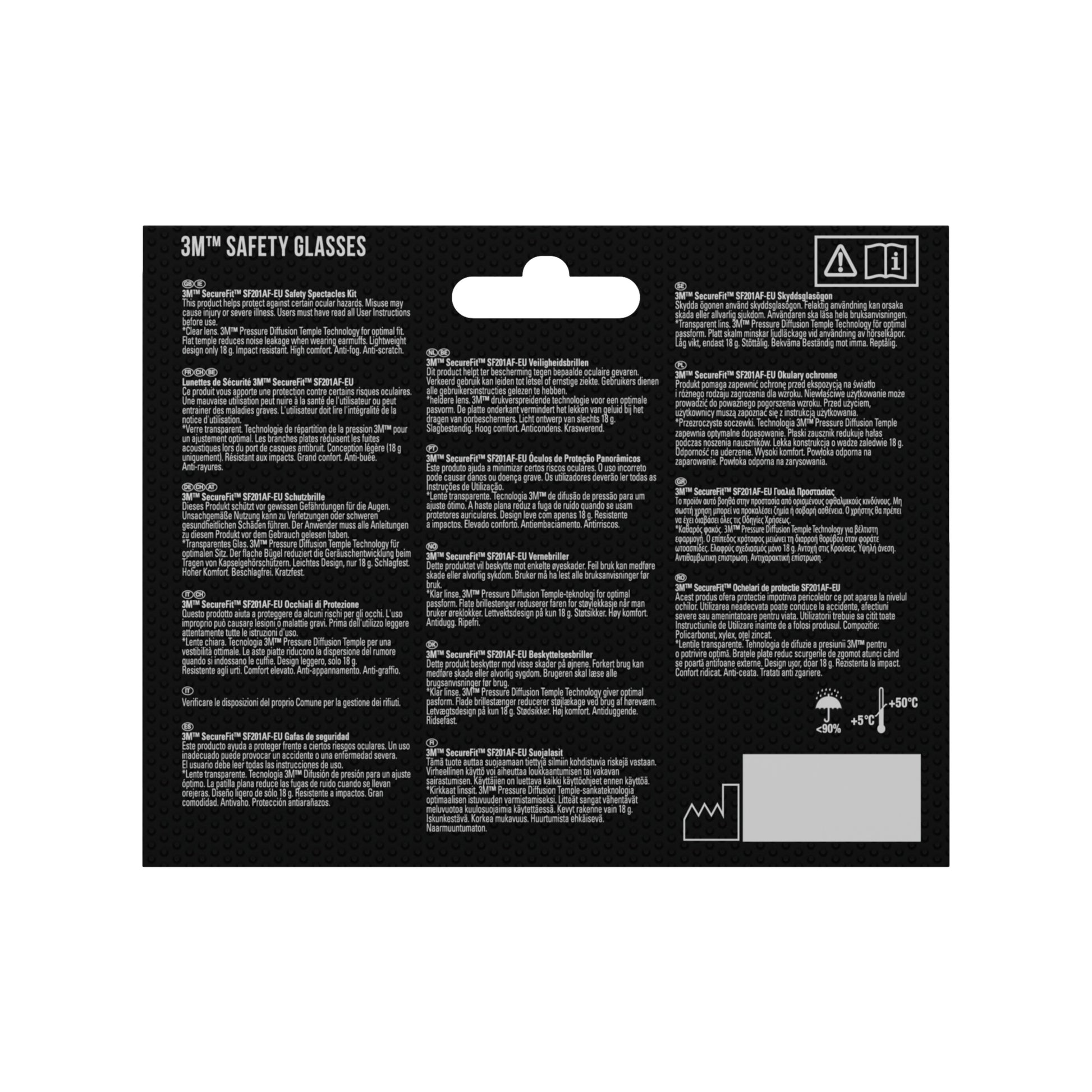 Rückseite der 3M™ SecureFit™ Schutzbrille 200-Verpackung der 3M Deutschland GmbH mit weißer, mehrsprachiger Produktinformation und Anleitung, Sicherheitssymbolen und einem Barcode-Bereich unten rechts.