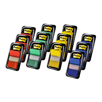 Zwölf Packungen 3M Deutschland GmbH Post-it® Index Haftstreifen, Standard (25,4 x 43,2 mm), mit je 10 Spendern plus 2 gratis, bieten bunte Streifen für eine effiziente Dokumentenorganisation - 50 Streifen/Spender in verschiedenen Farben.