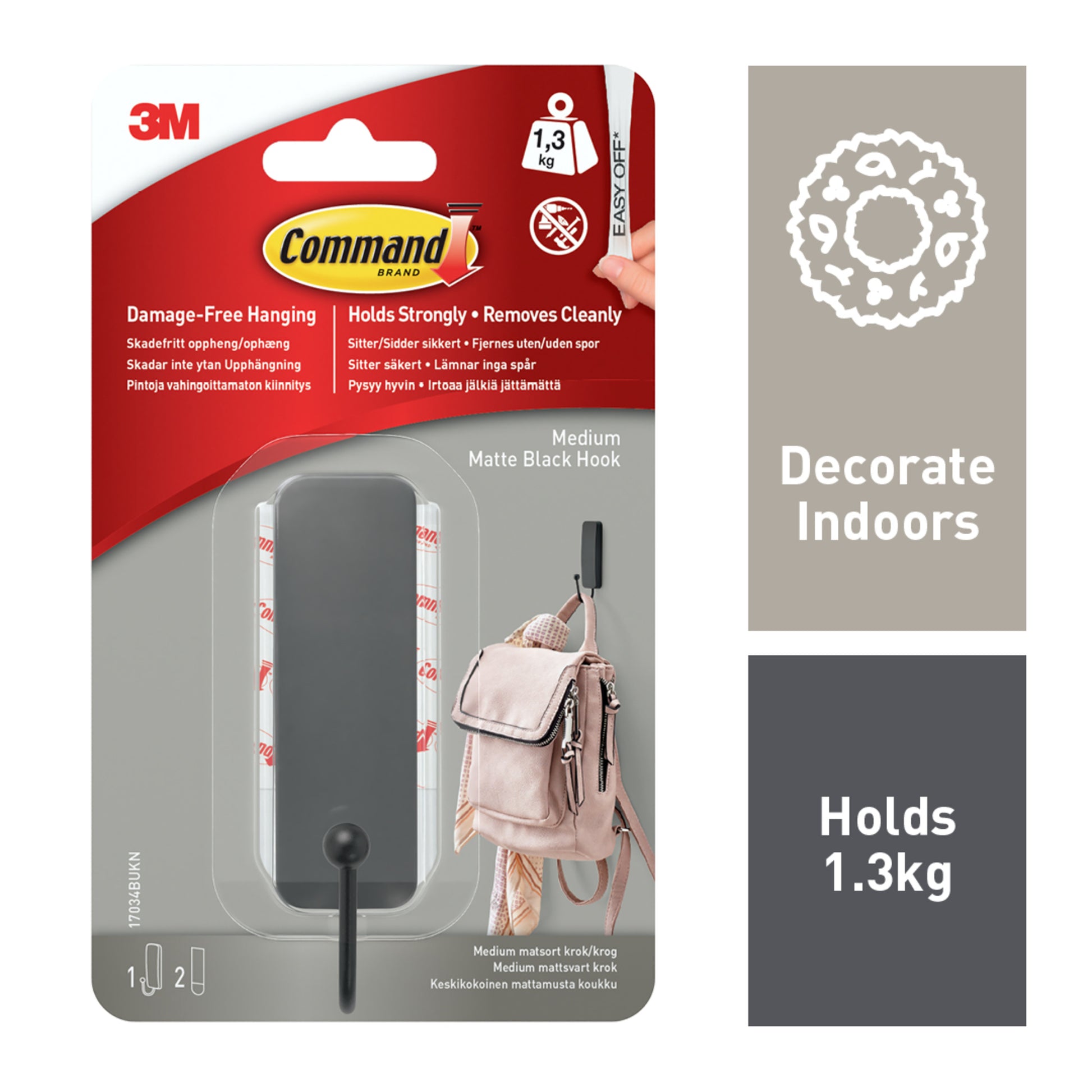 Der mittelgroße Command™ mattschwarze Haken von 3M Deutschland GmbH (17034B) hält bis zu 1,3 kg, eignet sich für die Verwendung in Innenräumen und lässt sich dank der enthaltenen 2 Strips rückstandslos entfernen - ideal zum Bohren ohne Schäden.