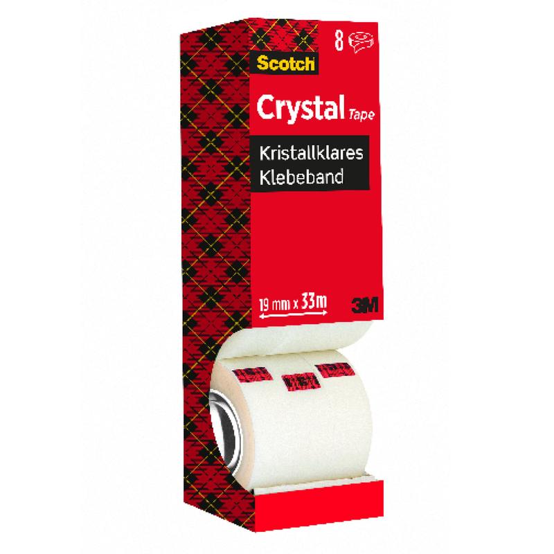 Výhodné balenie 3M Deutschland GmbH Scotch® Crystal lepiacej pásky, priehľadná, obsahuje 8 roliek (19 mm x 33 m), s popisom produktu v nemčine a angličtine na červeno-kockovanom obale. V spodnej časti obalu je čiastočne viditeľná rolka.